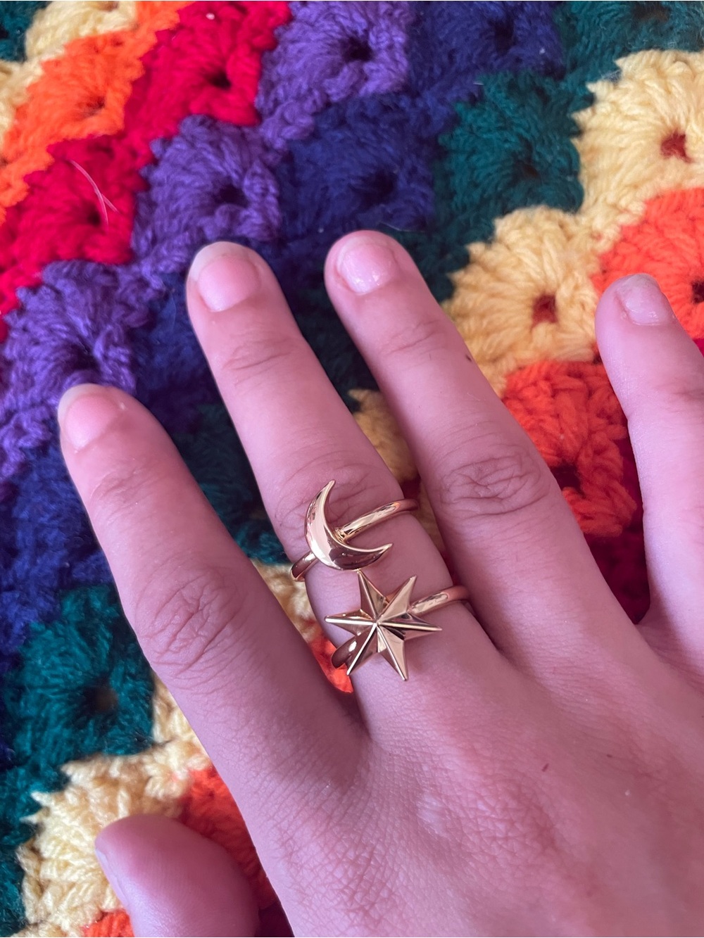 New* Noir Gold Tone Celestial Star & Moon Ring Set Size 7